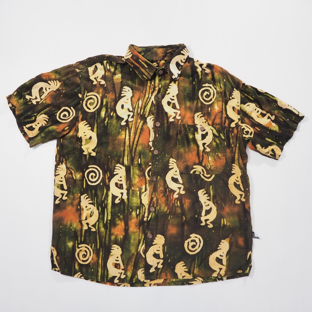 Mad Gringo Camp Shirt Men Large Green Brown Hawaiian Graphic Tribal Southwestern